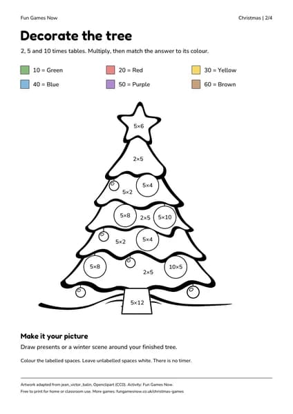 Christmas colouring sheet with multiplication facts from the 2, 5 and 10 times tables