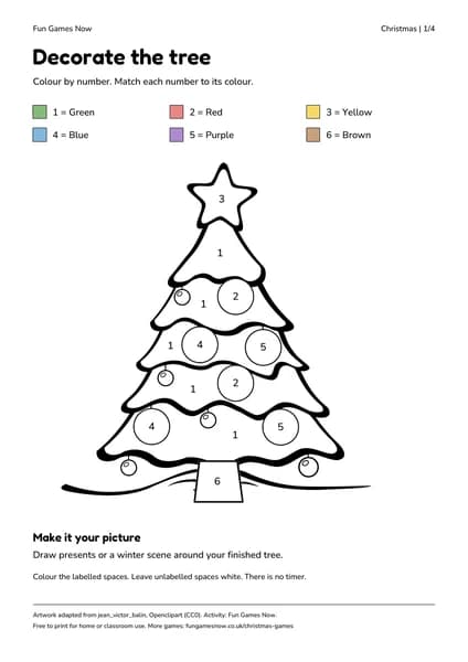 Christmas colour-by-number sheet with six named colours and numbers 1 to 6