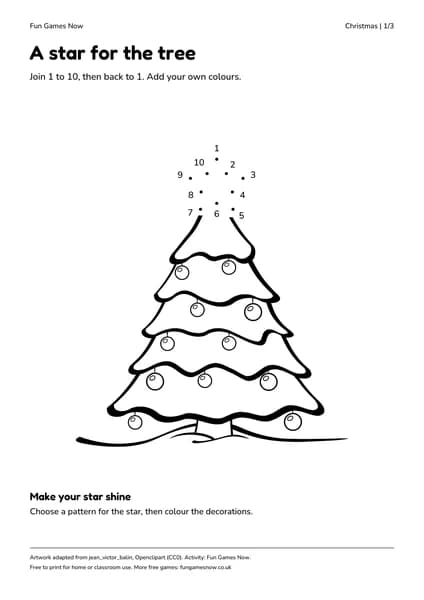 Christmas worksheet preview, with numbered dots and room to draw