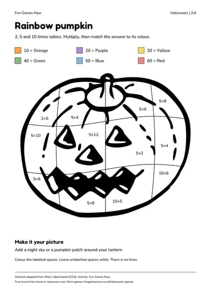 Halloween colouring sheet with multiplication facts from the 2, 5 and 10 times tables