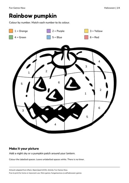 Halloween colour-by-number sheet with six named colours and numbers 1 to 6