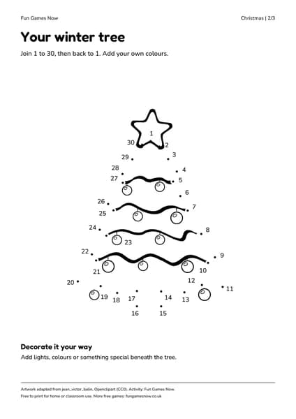 Christmas tree worksheet: numbered dots from 1 to 30