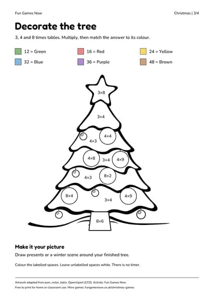 Christmas tree: Use the same picture with a different set of multiplication facts. Factors run from 1 to 12.