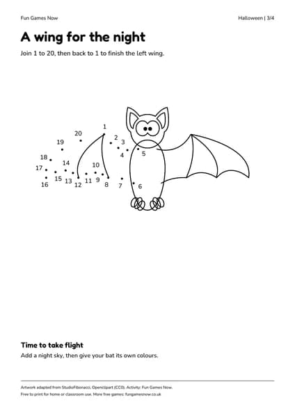 Bat wing worksheet: numbered dots from 1 to 20