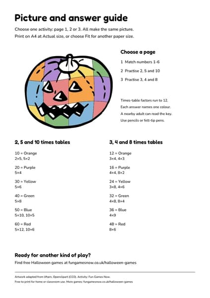Halloween coloured pumpkin and calculation answers