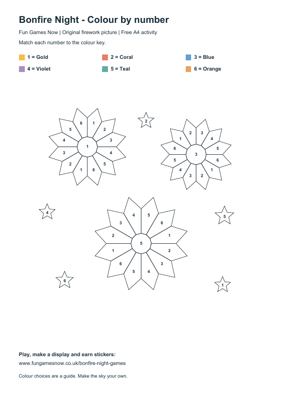 Original firework colouring picture with numbered sections and a six-colour key