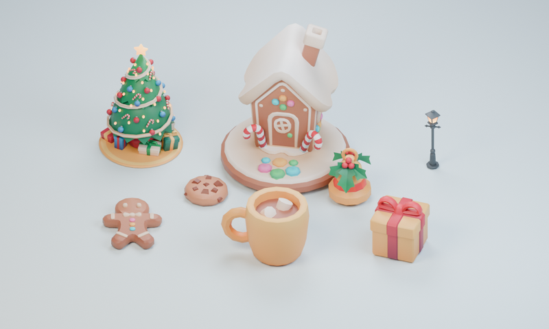 A gingerbread cottage, decorated tree, hot chocolate and festive treats.