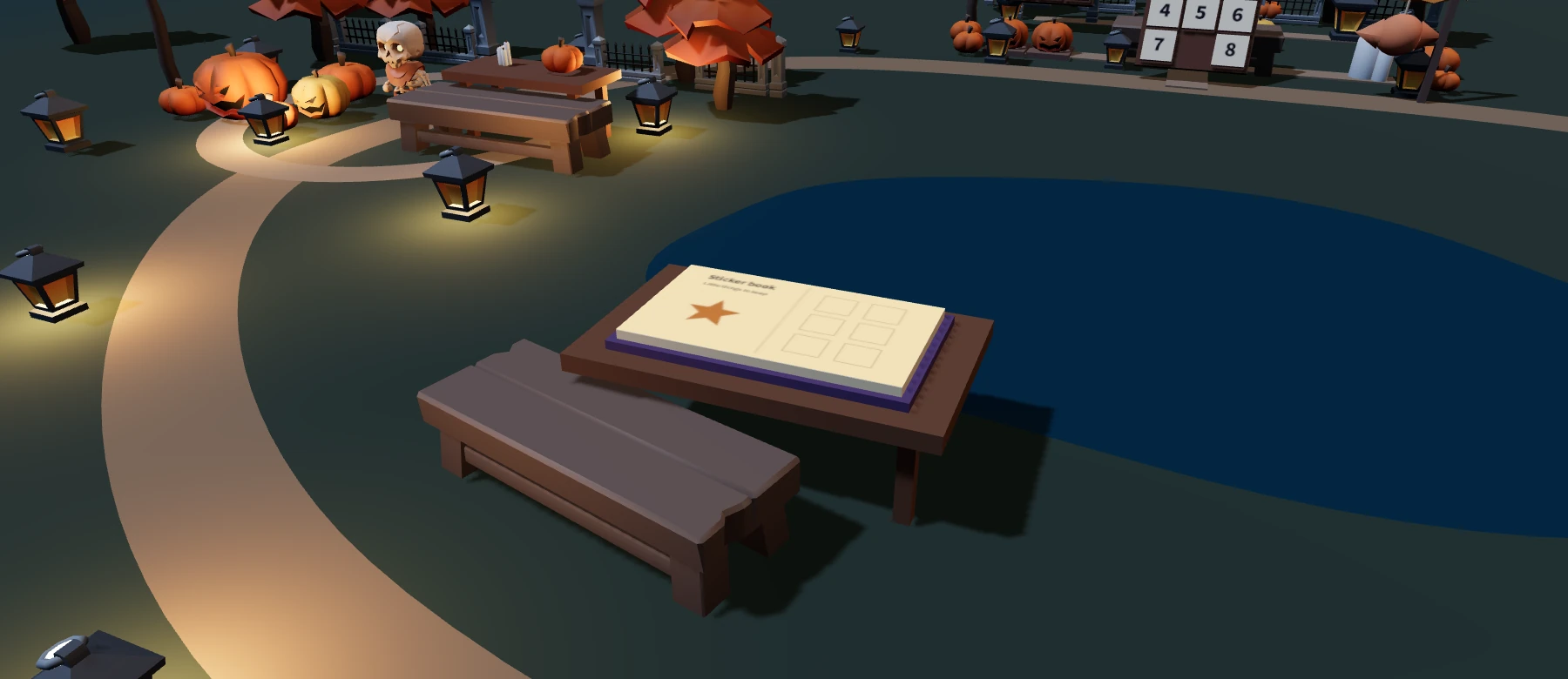 An open book with a star and blank sticker spaces beside the woodland pond and bench